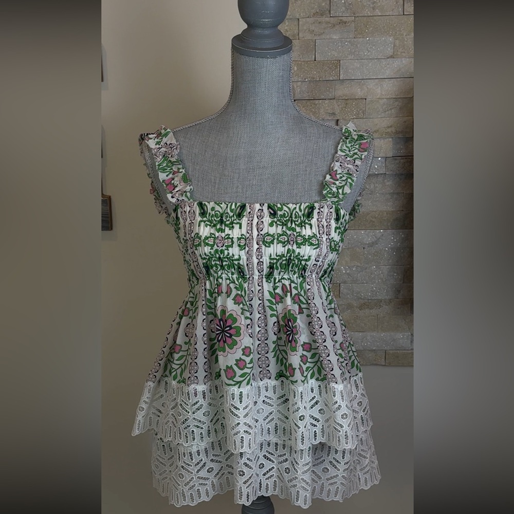 Tory Burch Garden Party Tiered Ruffle Georgette Top | Green Floral | Size 4